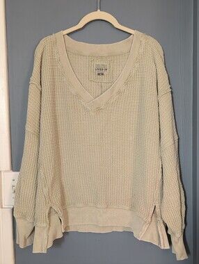 American Eagle Sage/Olive Waffle-Knit V-Neck OVERSIZED Sweater Medium *BINI